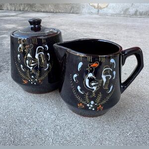 Vintage MCM Japanese Redware Moriage Ceramic Sugar and Creamer 2 Piece Set